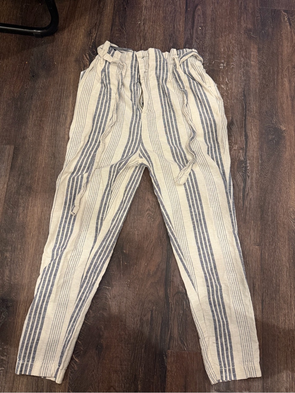 High Waisted Linen Striped Pants | Cream & Navy | Size S